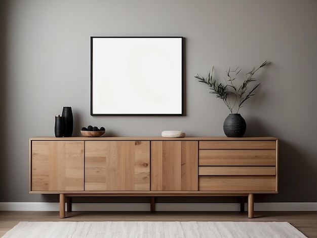 Foto minimalistisch interieurontwerp met een modern houten bureaublad en decoratieve accenten