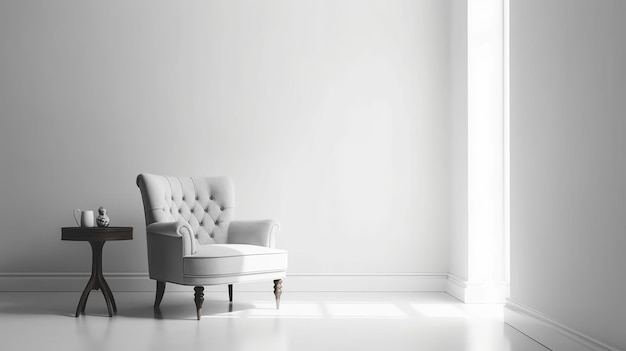 Minimalistisch interieurontwerp met witte muurachtergrond en chique fauteuil