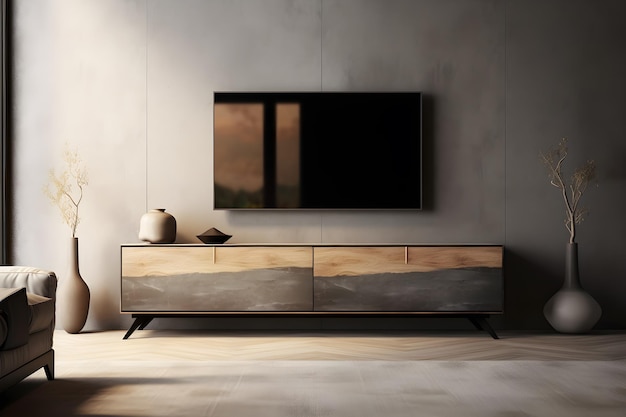 Minimalistisch interieurontwerp van een moderne woonkamer met een houten kombuis en een moderne tv