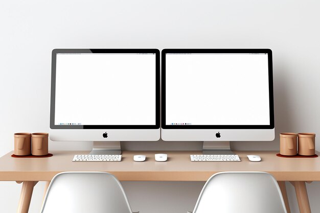 Foto minimalistisch kantoor bureau met verstelbare bureaublader en dubbele monitors