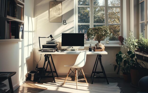 Foto minimalistisch kantoor in huis met natuurlijk licht
