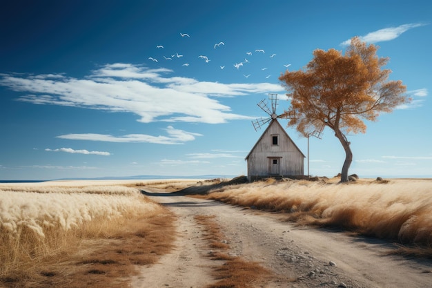 Minimalistisch landschap met alleen boom en huis Generatieve AI