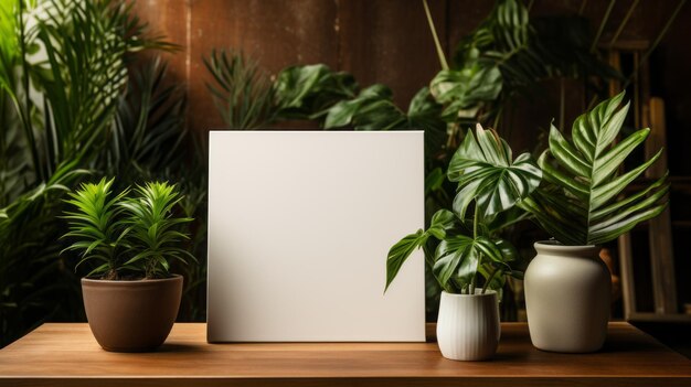 Minimalistisch loft appartement met groene planten en een leeg kader