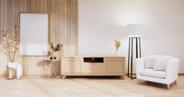 Minimalistisch - Modern kamerinterieur met kabinet-tv en fauteuil, planten, lamp, decoraties.3D-rendering