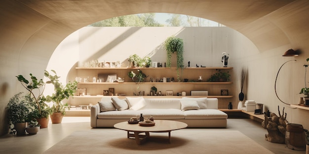 Minimalistisch nul afval huis met neutrale kleuren eenvoudige meubels en planten voor decoratie en luchtzuivering
