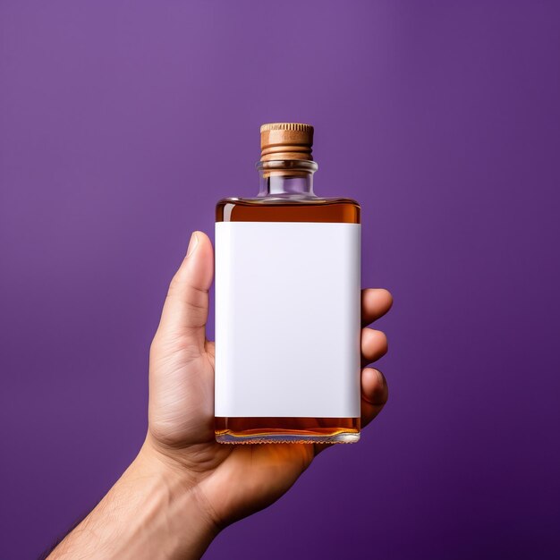 Minimalistisch ontwerp van een whisky fles op paarse achtergrond