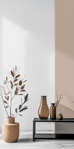 Foto minimalistisch perzik interieurontwerp decor met gestructureerde elementen en natuurlijk licht vanuit een raam interieurcompositie met copyspace voor tekst