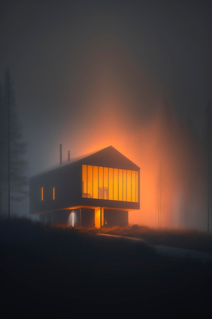 Minimalistisch rechthoekig huis in een mistige nacht