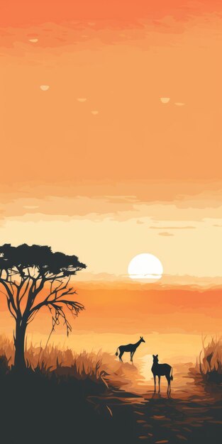 Minimalistisch Savanna zonsondergang silhouet met giraffen en zebra's