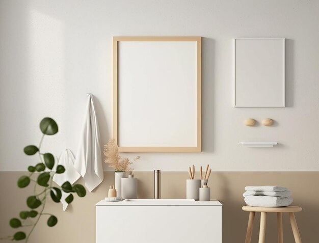 Minimalistisch Scandinavisch badkamerinterieur met kleine lege poster