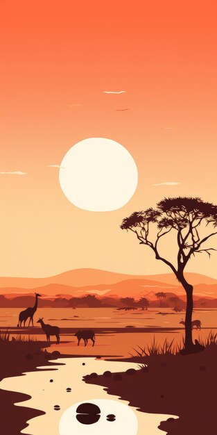 Minimalistisch schilderij van Savanna bij zonsondergang