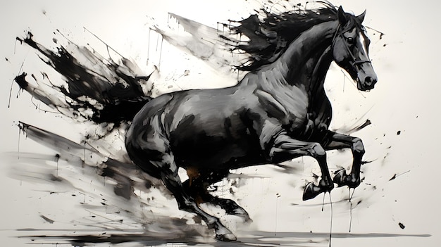 minimalistisch spetterend rennend paard getekend in gemorste verf