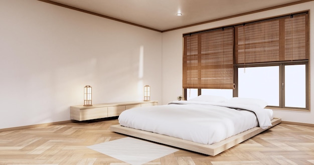 Minimalistisch stijlvol interieur van moderne houten kamer met comfortabel bed.3D-rendering