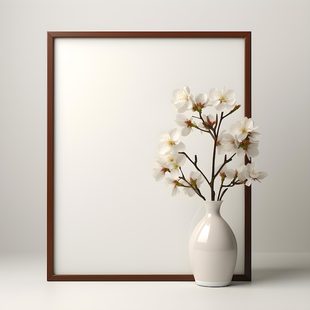 Minimalistisch wit posterframe mockup met elegante vaas en plant op houten tafel