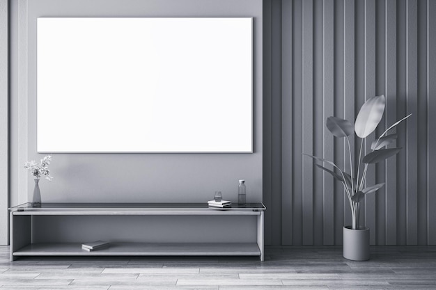 Minimalistisch zwart-wit woonkamer interieur met meubels en lege witte mock up poster Mock up 3D Rendering