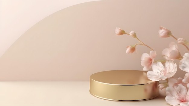 Minimalistische 3D Render van delicate bloemen in een gouden vaas op zachte roze achtergrond