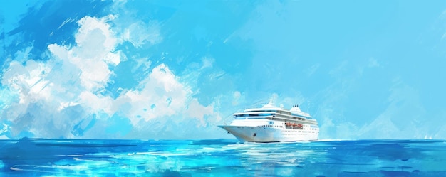 Minimalistische abstracte digitale illustratie toont een aquarelstijl tekening van een cruiseschip dat op zee vaart tegen een blauwe hemel