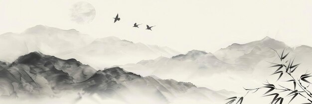 Minimalistische achtergrond Bamboe bladeren en inkt geschilderde bergen in oude Chinese stijl