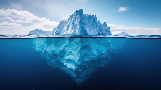 Minimalistische afbeelding van een ijsberg in de oceaan met een uitzicht onder en boven het water met een kopieerruimte Generatieve AI