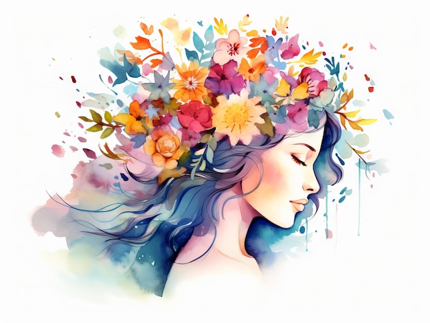 Minimalistische aquarelillustratie van een vrouw met bloemen op haar hoofd gegenereerd door AI