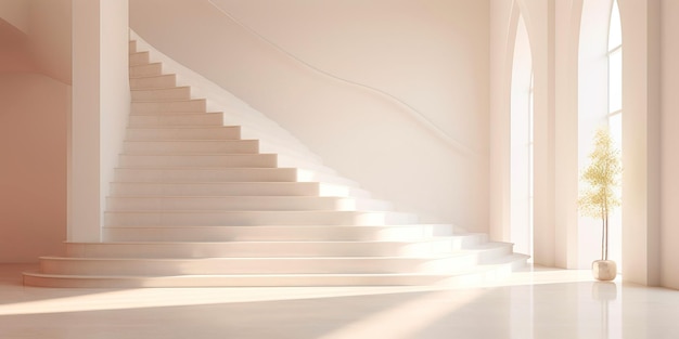 minimalistische architectonische scène met de elegantie van een enkele witte trap tegen een achtergrond van neutrale tonen en natuurlijk licht Generatieve AI
