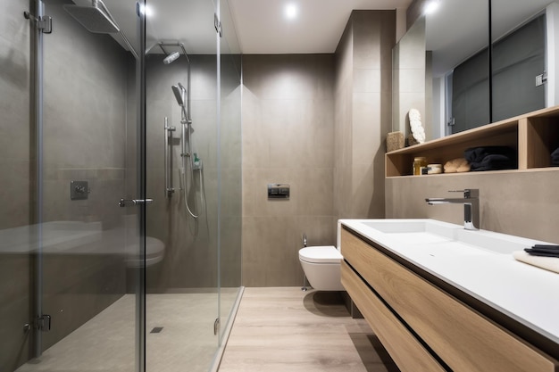 Minimalistische badkamer met strakke en moderne douche en toilet gecreëerd met generatieve ai