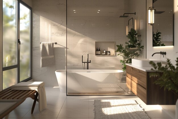 Minimalistische badkamer met vrijstaande badkuip en glas