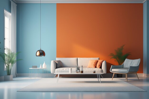 Minimalistische bank met blauwe en oranje kleur