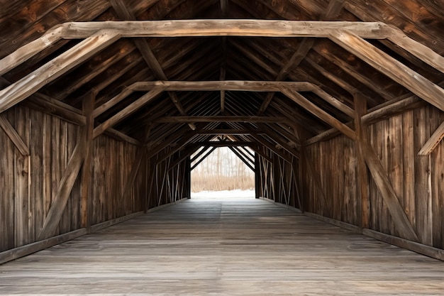 Minimalistische bovenkant van een rustieke houten overdekte brug achtergrond met lege ruimte voor tekst