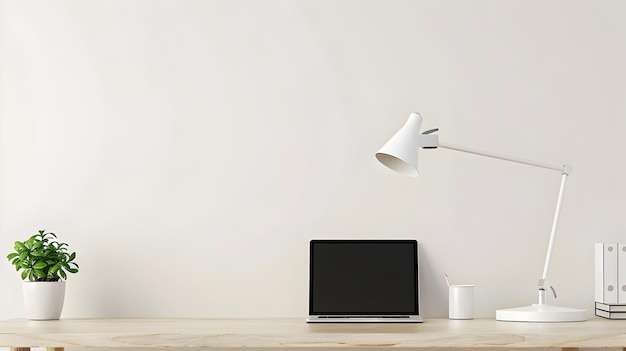 Foto minimalistische bureaubladopstelling met computer en lamp