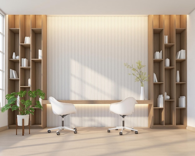 Minimalistische bureauruimte met houten boekenplank en witte lattenwand 3D-rendering