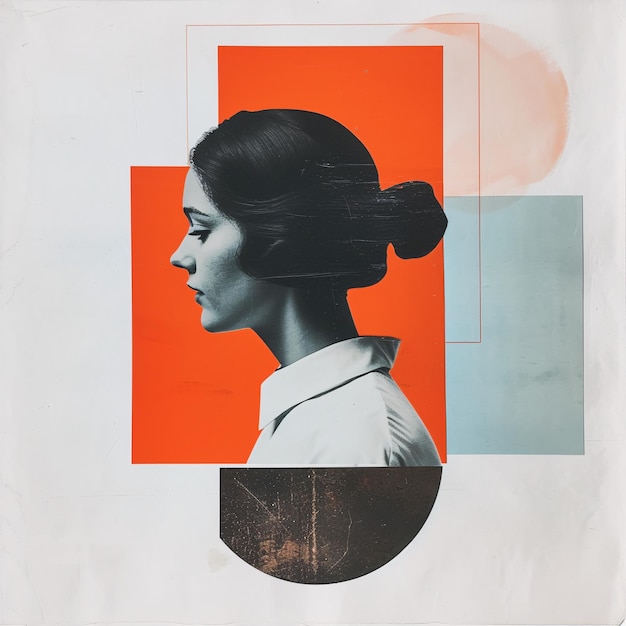 Foto minimalistische collage met zijprofiel van een meisje met een levendige oranje achtergrond generatieve ai