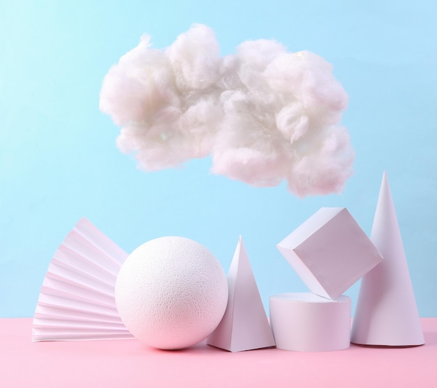 Minimalistische compositie van geometrische vormen en pluizige wolk op een blauw roze pastel achtergrond minimalisme achtergrond concept art