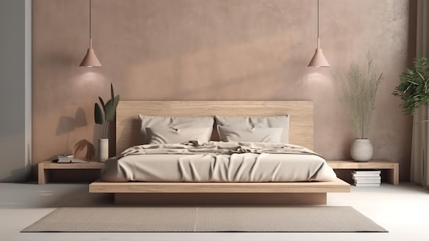 Minimalistische compositie van slaapkamerinterieur met houten bedplankbloemen in vaas Generatieve AI