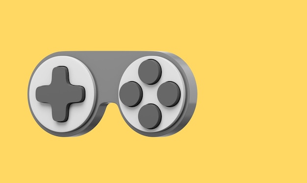 Minimalistische console game controller grijs pictogram op gele achtergrond met ruimte voor tekst 3D-rendering