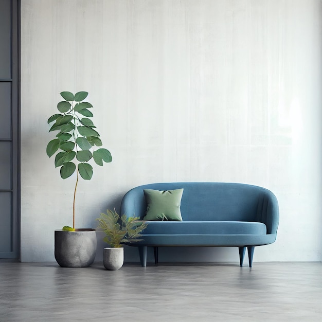 Minimalistische elegante bank of bank met plant en lege betonnen muur achtergrond