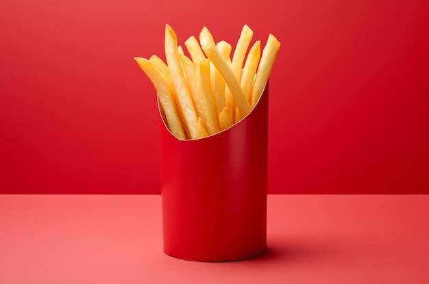 Foto minimalistische frietjes in rode verpakking generatieve ai