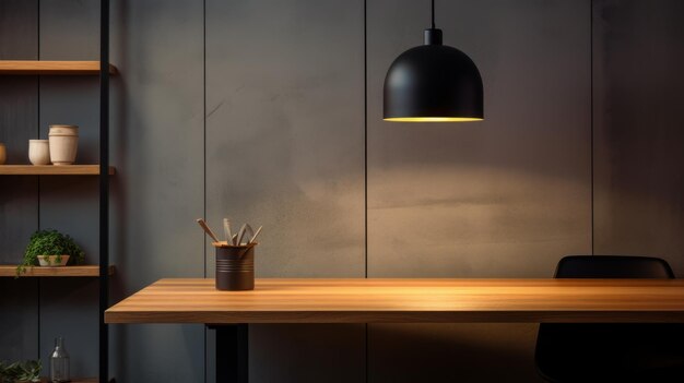 Minimalistische hanglampen scène met houten bureau in Noir sfeer