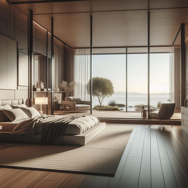 Minimalistische haven hedendaagse master suite met neutrale tonen slank ontwerp en oceaan allure
