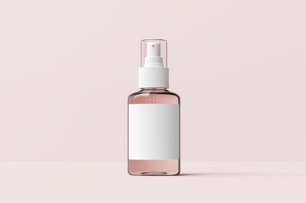 Minimalistische heldere sprayfles met label op zachte roze achtergrond voor huidverzorgings- en schoonheidsproducten