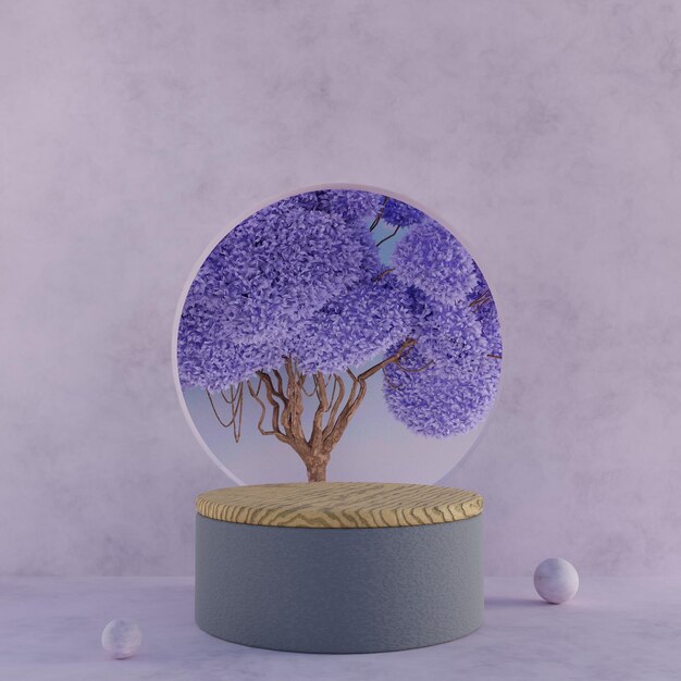 Minimalistische houten productdisplay met rond venster en paarse bladeren boom 3D-rendering
