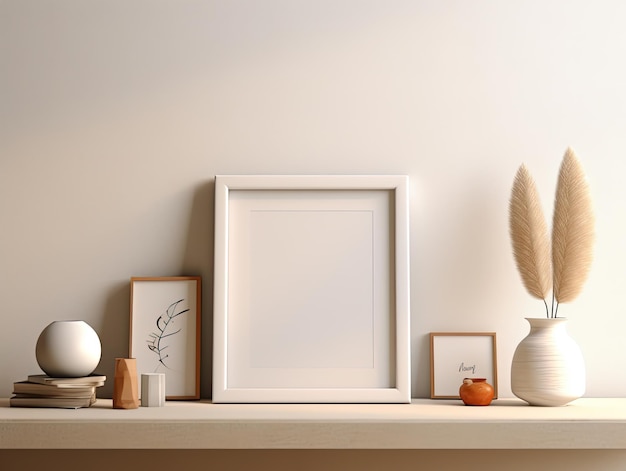 Minimalistische huisdecoratie met leeg fotoram en Vase Generative AI