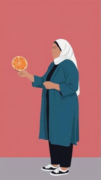 Foto minimalistische illustratie een vrouw met een sinaasappel in haar hand