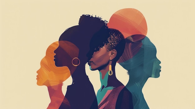 Minimalistische illustratie van verschillende vrouwelijke profielen met gradiënte huidskleuren Generatieve AI