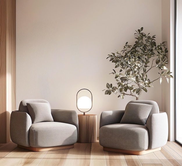 Foto minimalistische japandi woonkamer witte muur en grijze fauteuils interieur mockup sjabloon voor wandkunst