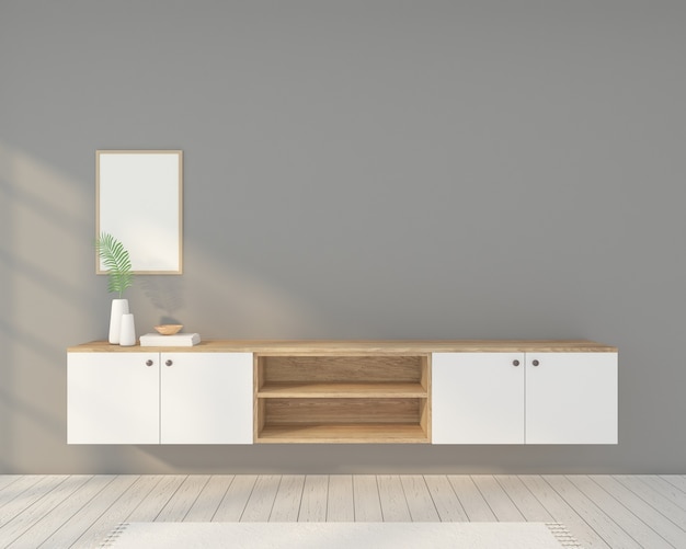 Minimalistische kamer met houten tv-meubel, fotolijst en grijze muur. 3D-weergave