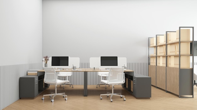 Minimalistische kantoorruimte met bureauset en houten archiefkast 3D-rendering