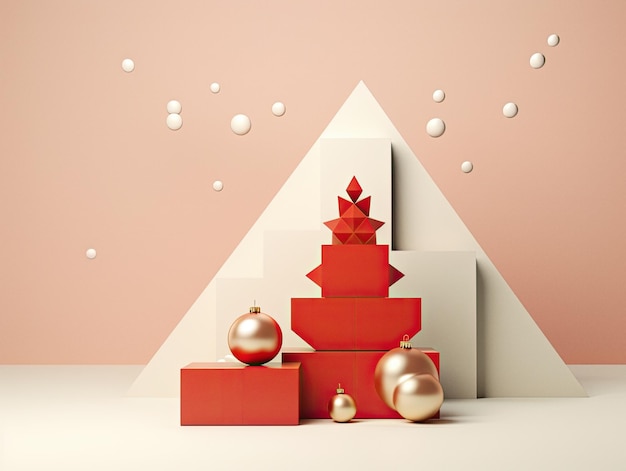 Foto minimalistische kerst achtergrond met kerstboom en geschenkdoosjes geometrische stijl