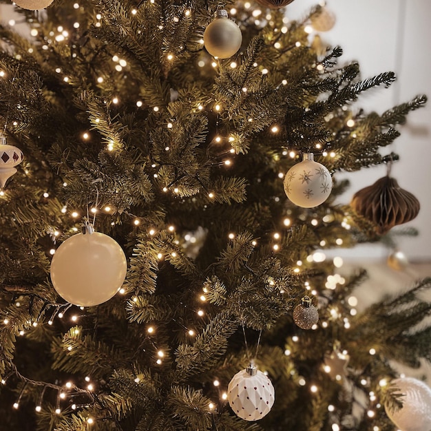 Minimalistische kerstboom versierd met gloeiende slingerverlichting kerstballen Kerstvakantie compositie