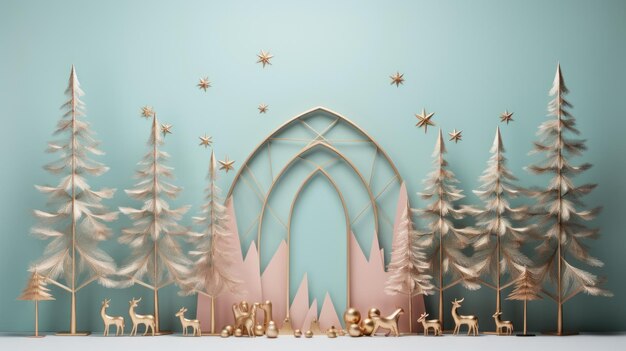 Minimalistische kerstscene met gouden herten en bomen